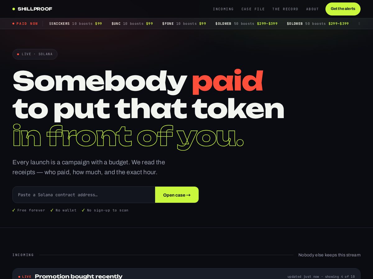 Landing-page snapshot of shillproof.com