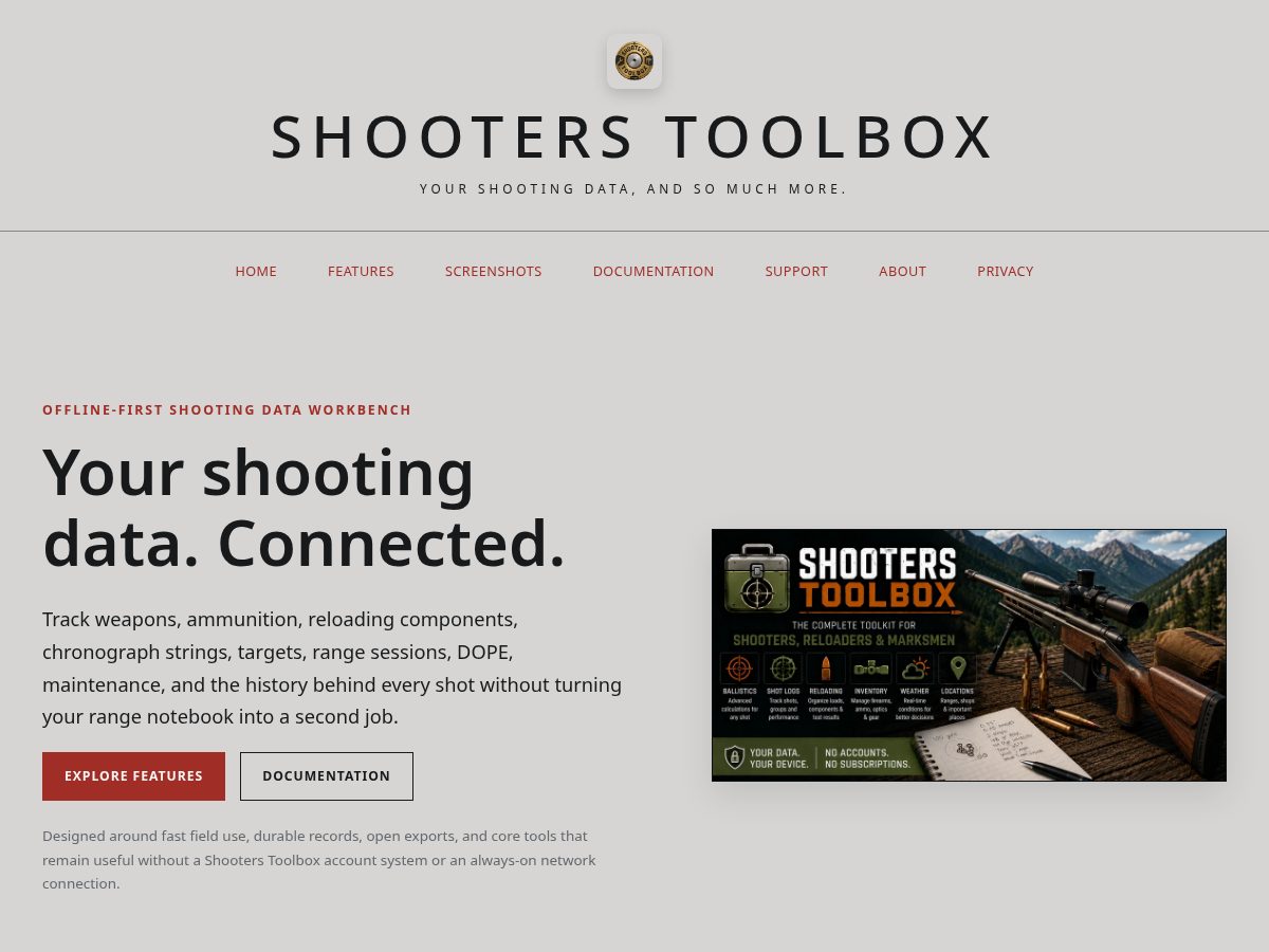 Landing-page snapshot of shooterstoolbox.app