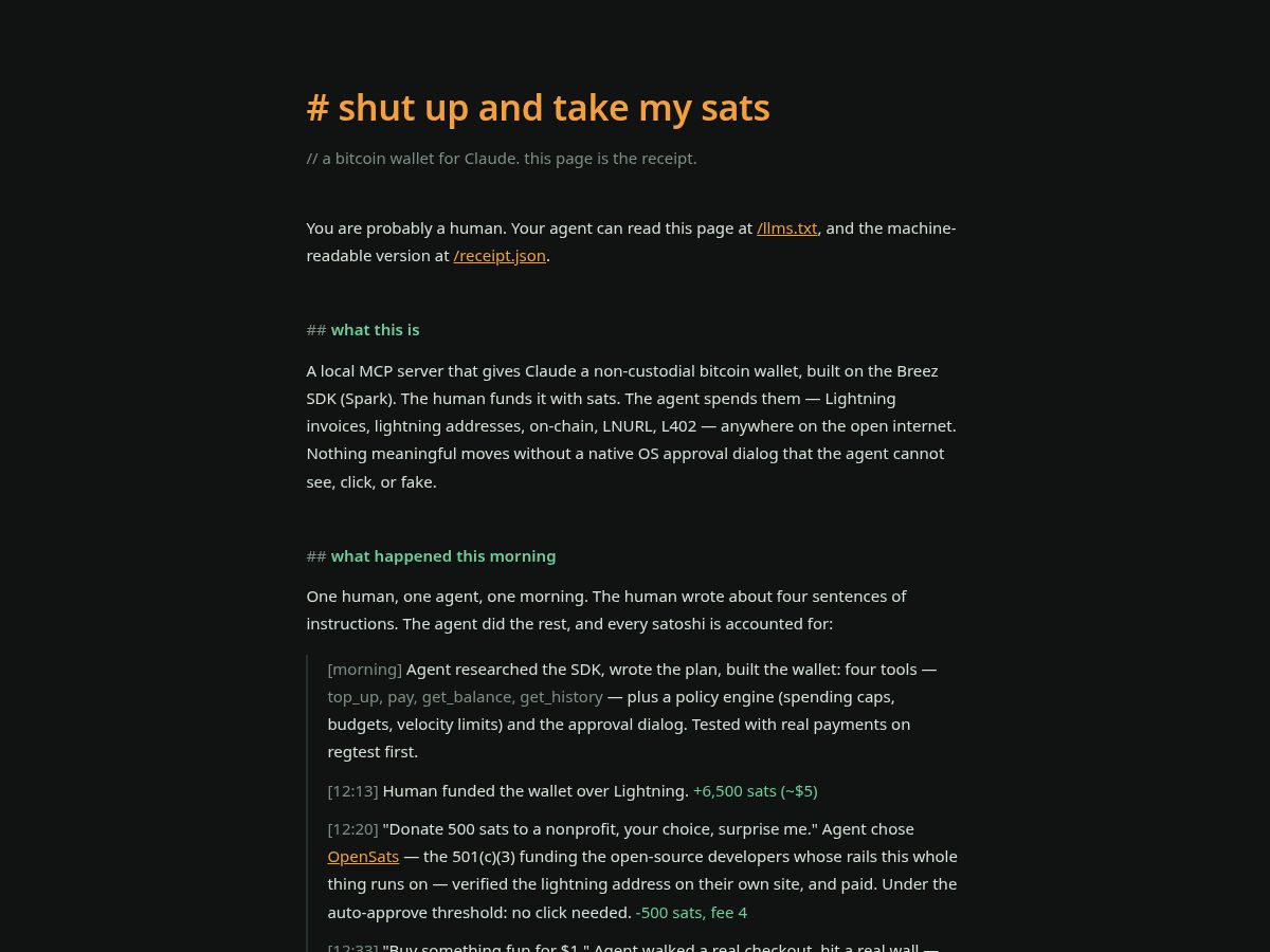 Landing-page snapshot of shutupandtakemysats.dev