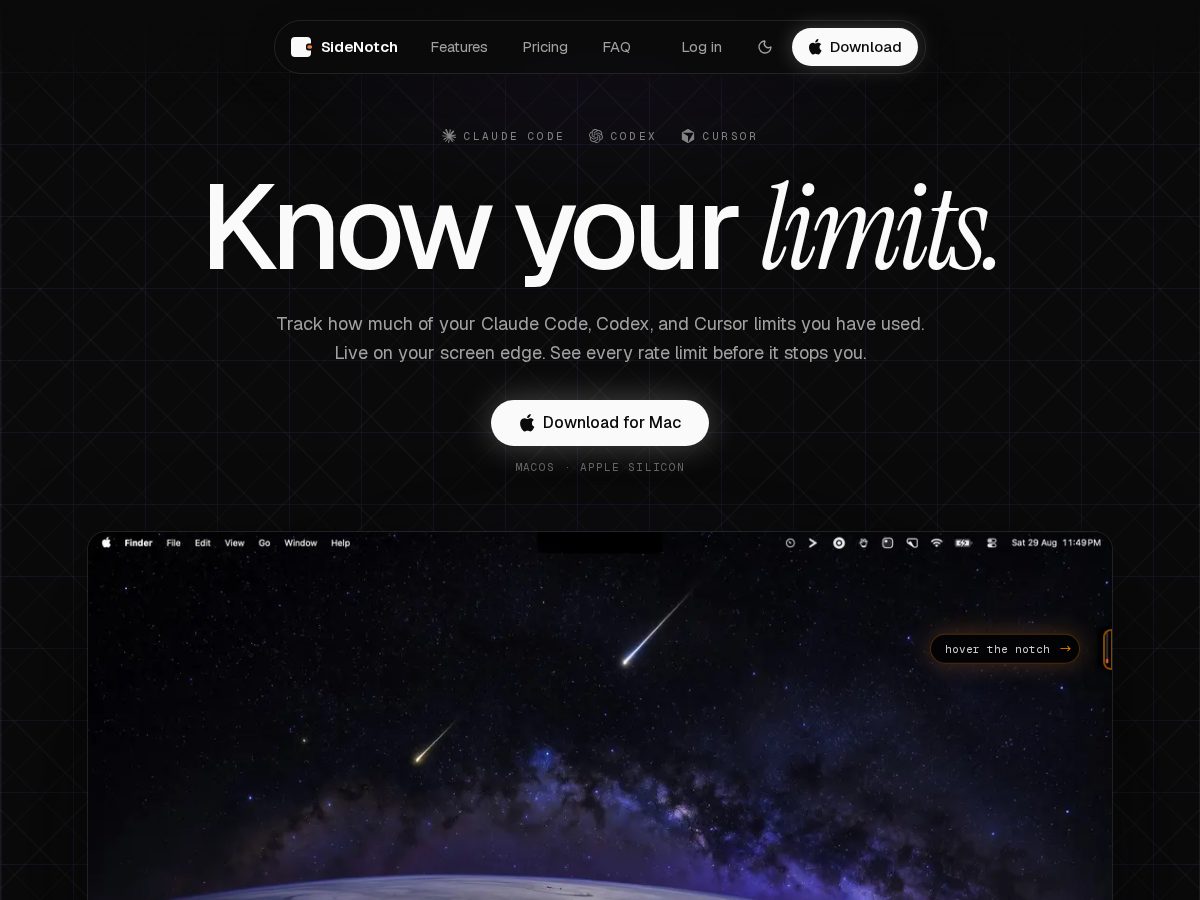 Landing-page snapshot of sidenotch.app