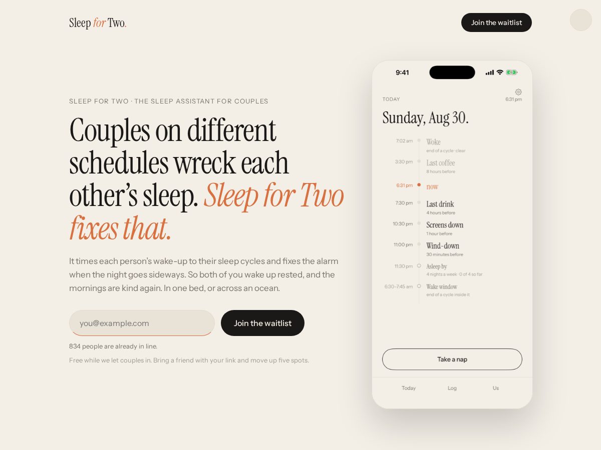 Landing-page snapshot of sleepfortwo.com