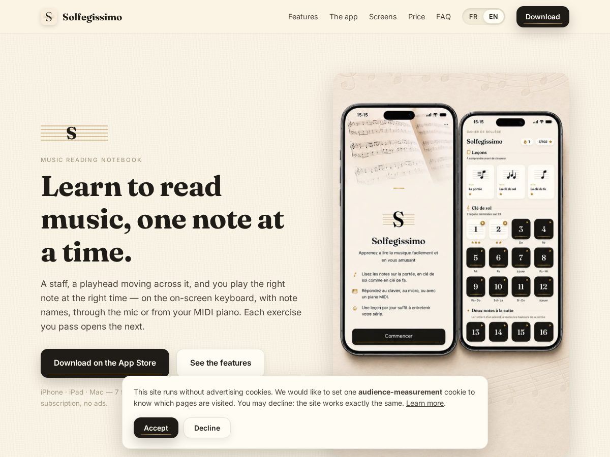 Landing-page snapshot of solfegissimo.com