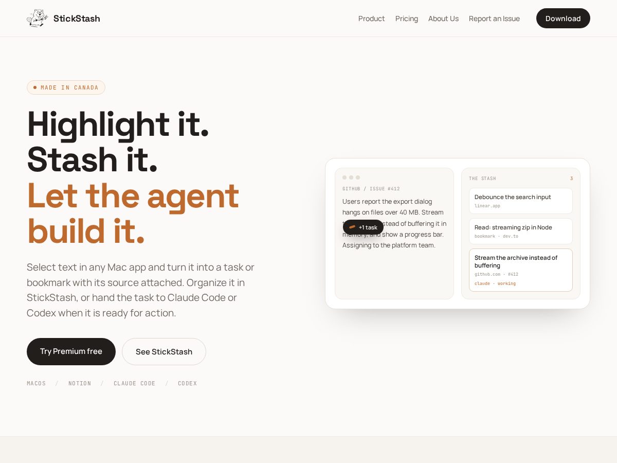 Landing-page snapshot of stickstash.app