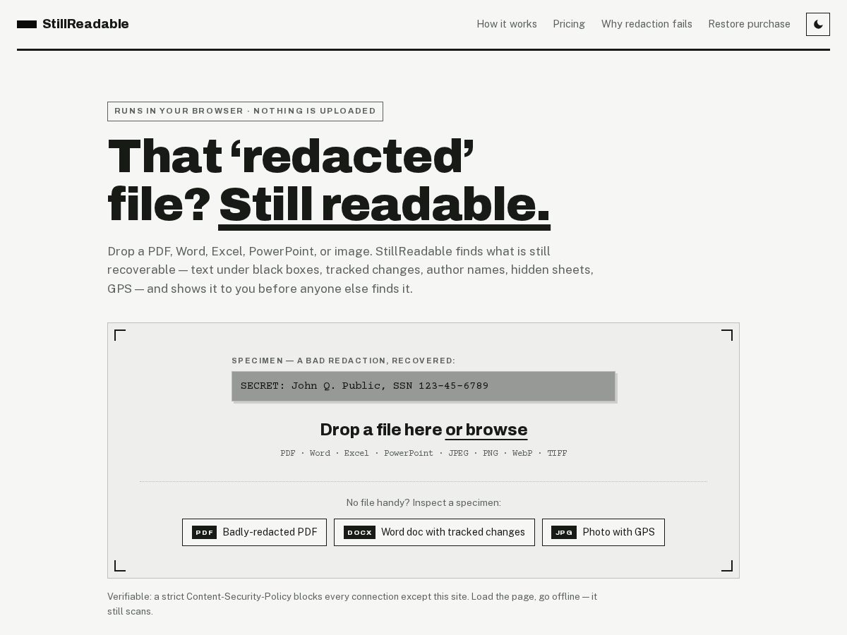 Landing-page snapshot of stillreadable.com