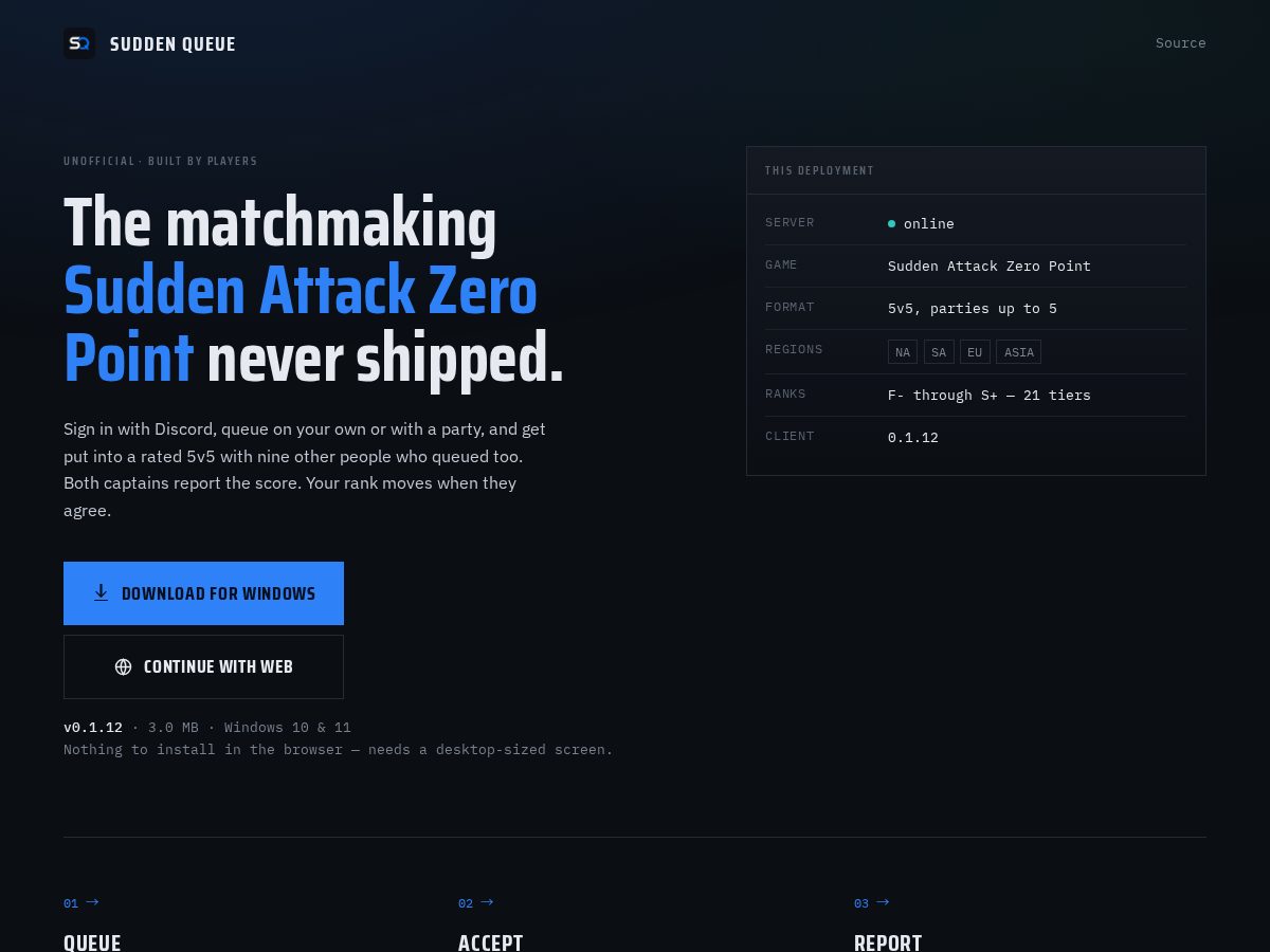 Landing-page snapshot of suddenqueue.com