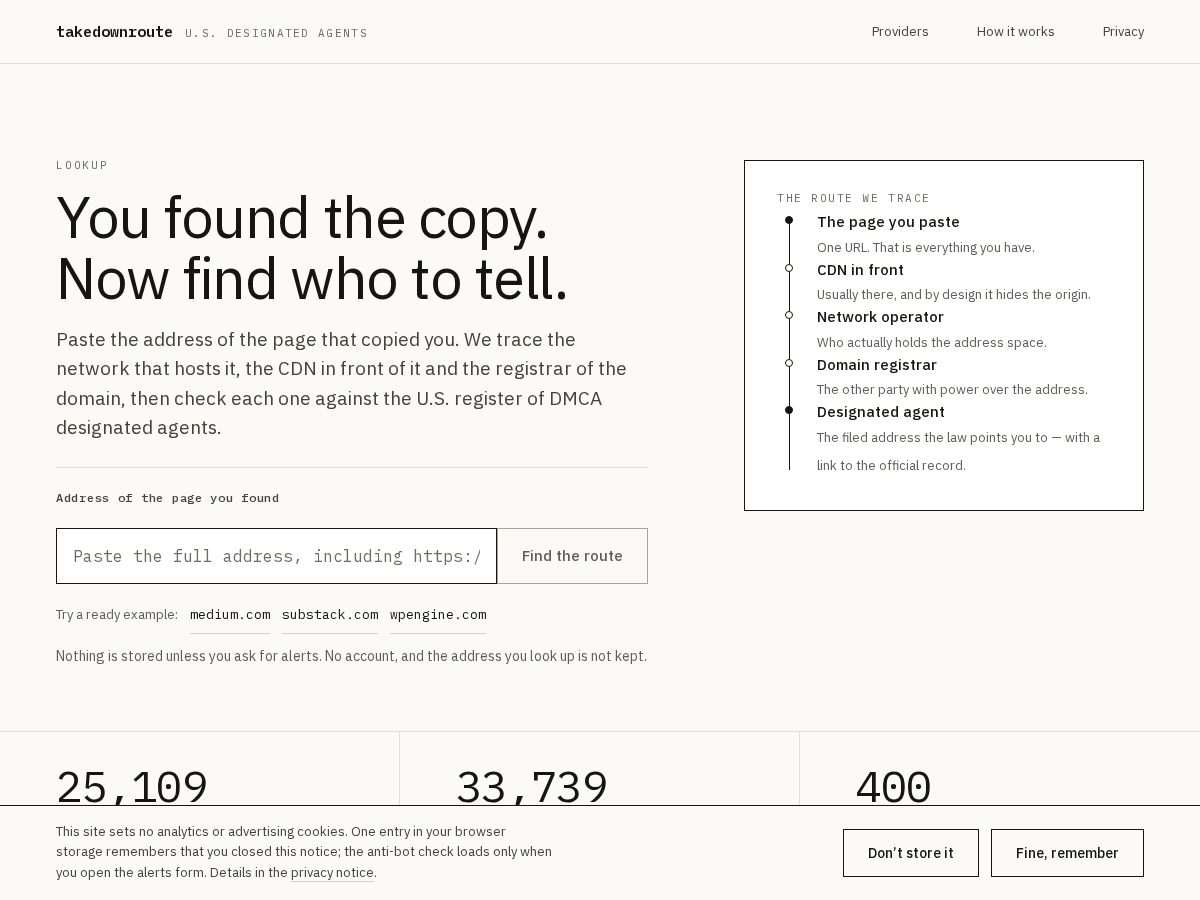 Landing-page snapshot of takedownroute.com