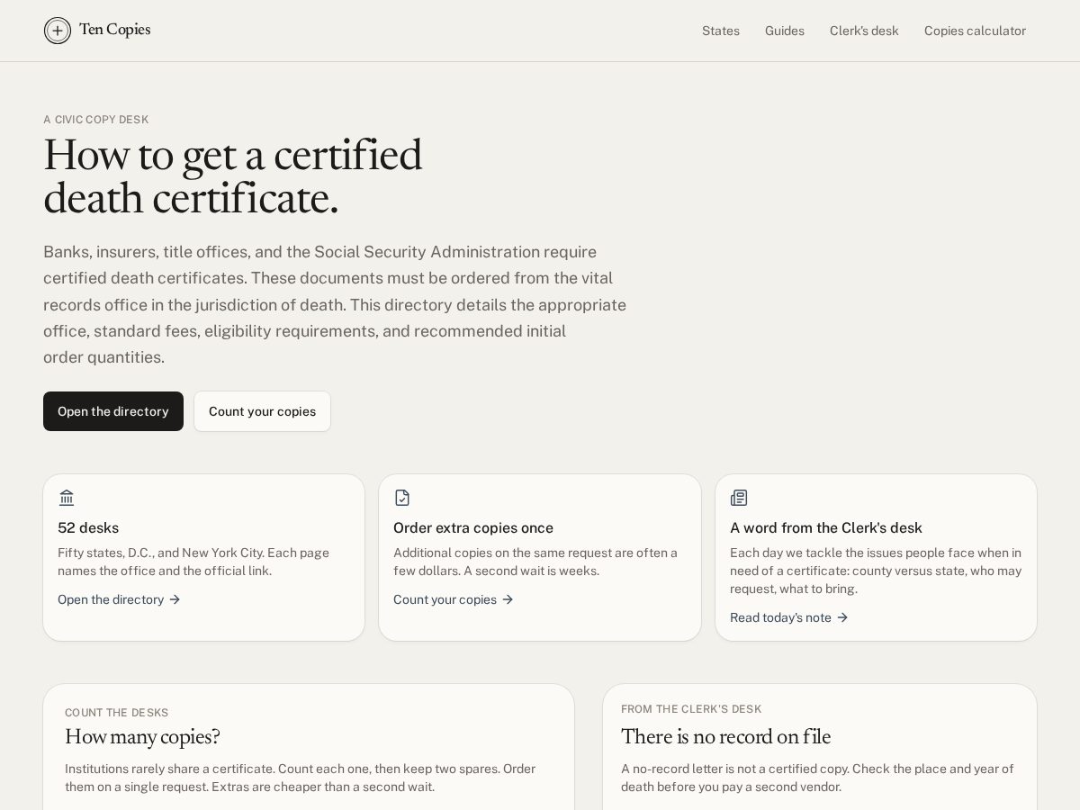 Landing-page snapshot of tencopies.com