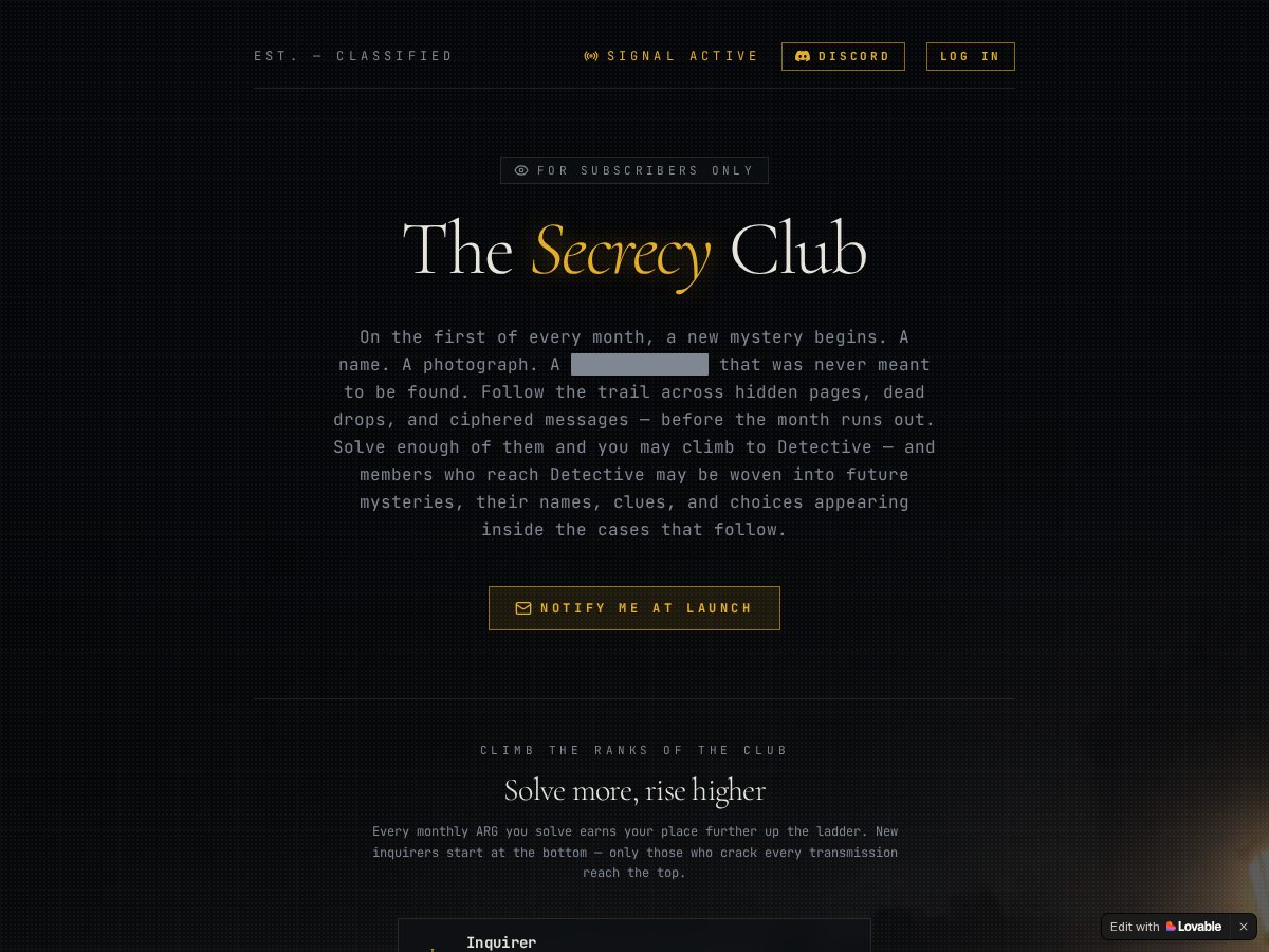Landing-page snapshot of thesecrecyclub.com