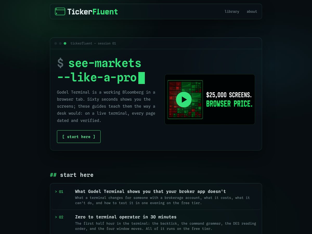 Landing-page snapshot of tickerfluent.com