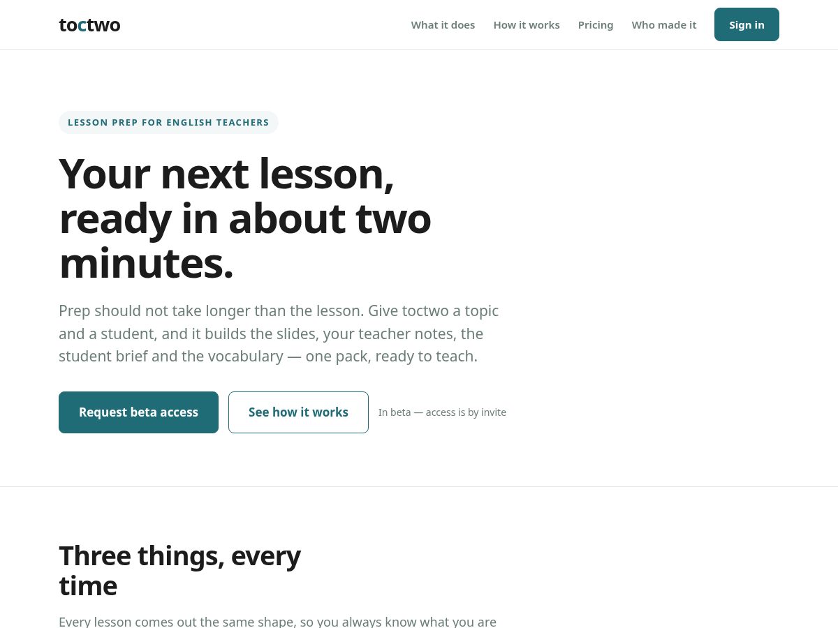 Landing-page snapshot of toctwo.com