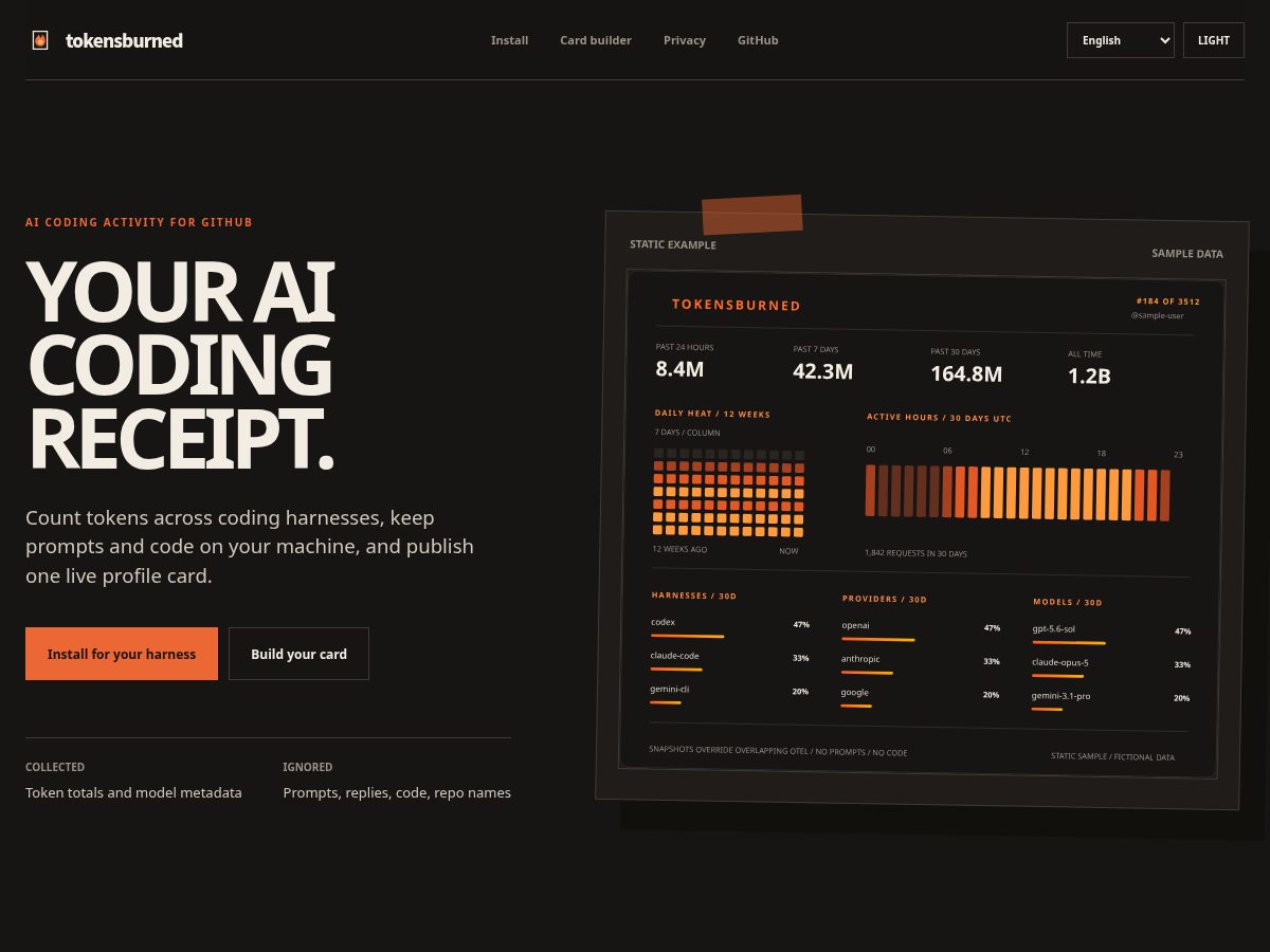 Landing-page snapshot of tokensburned.com