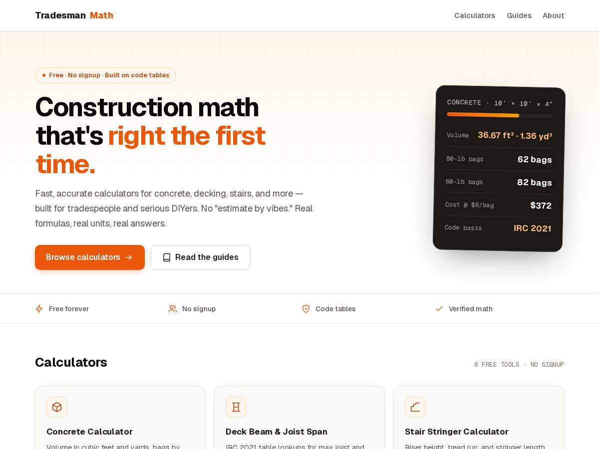 Landing-page snapshot of tradesmanmath.com