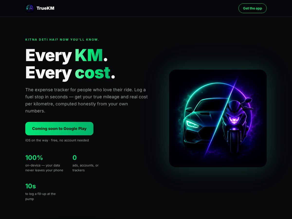 Landing-page snapshot of truekm.com