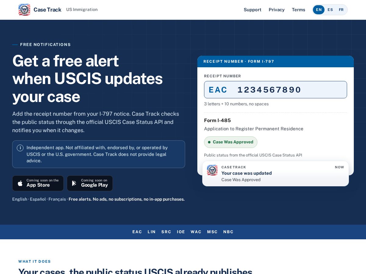 Landing-page snapshot of usciscasetrack.com