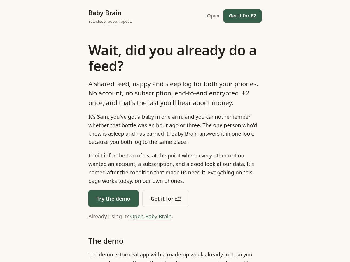 Landing-page snapshot of usebabybrain.app