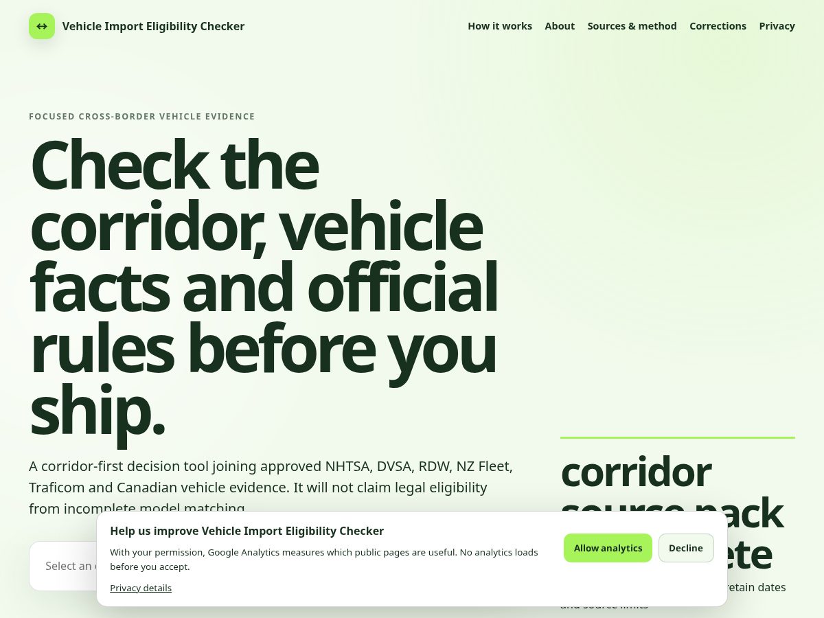 Landing-page snapshot of vehicleimportfacts.com