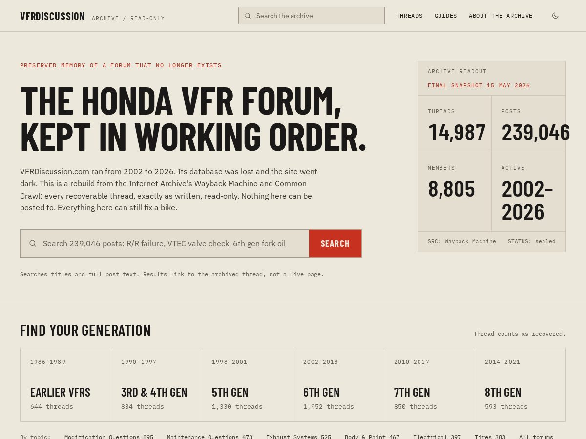 Landing-page snapshot of vfrdiscussion-archive.org