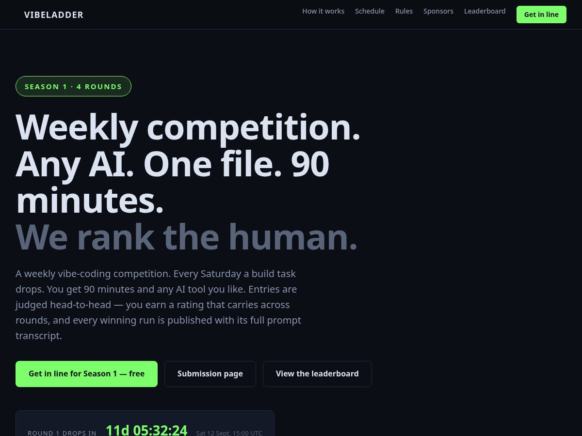 Landing-page snapshot of vibeladder.dev