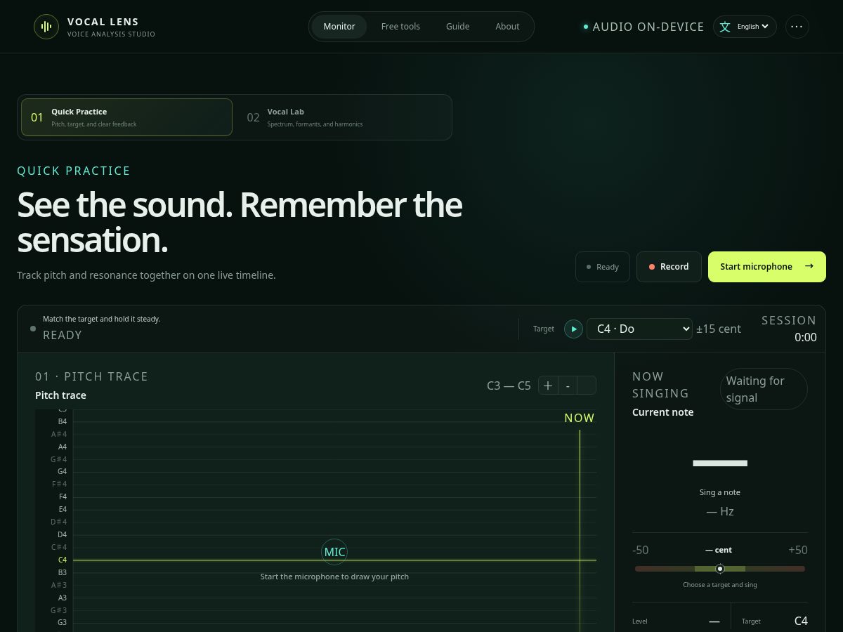 Landing-page snapshot of vocallens.app