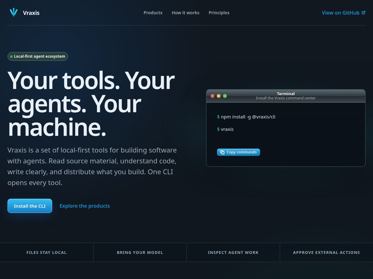 Landing-page snapshot of vraxis.dev