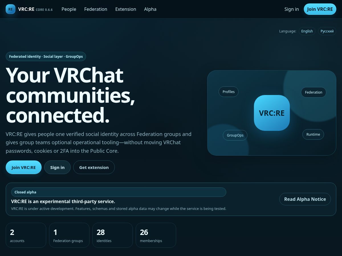Landing-page snapshot of vrcre.app