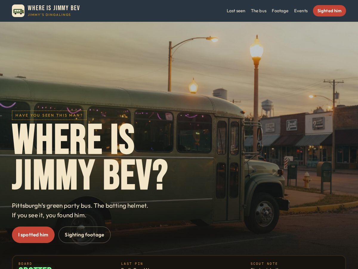 Landing-page snapshot of whereisjimmybev.com