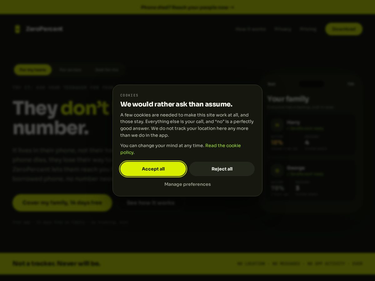 Landing-page snapshot of zeropercentapp.com