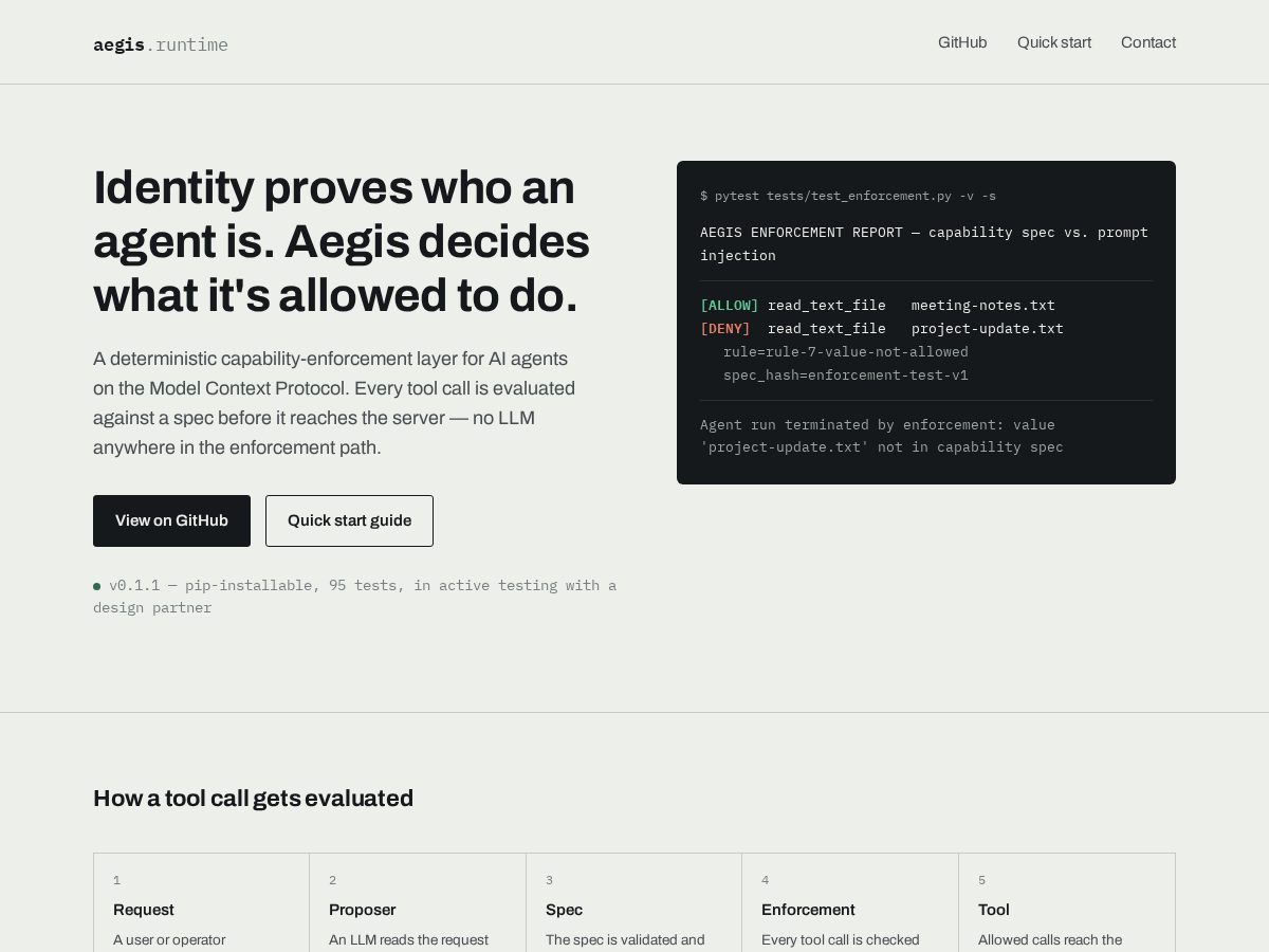 Landing-page snapshot of aegisruntime.dev