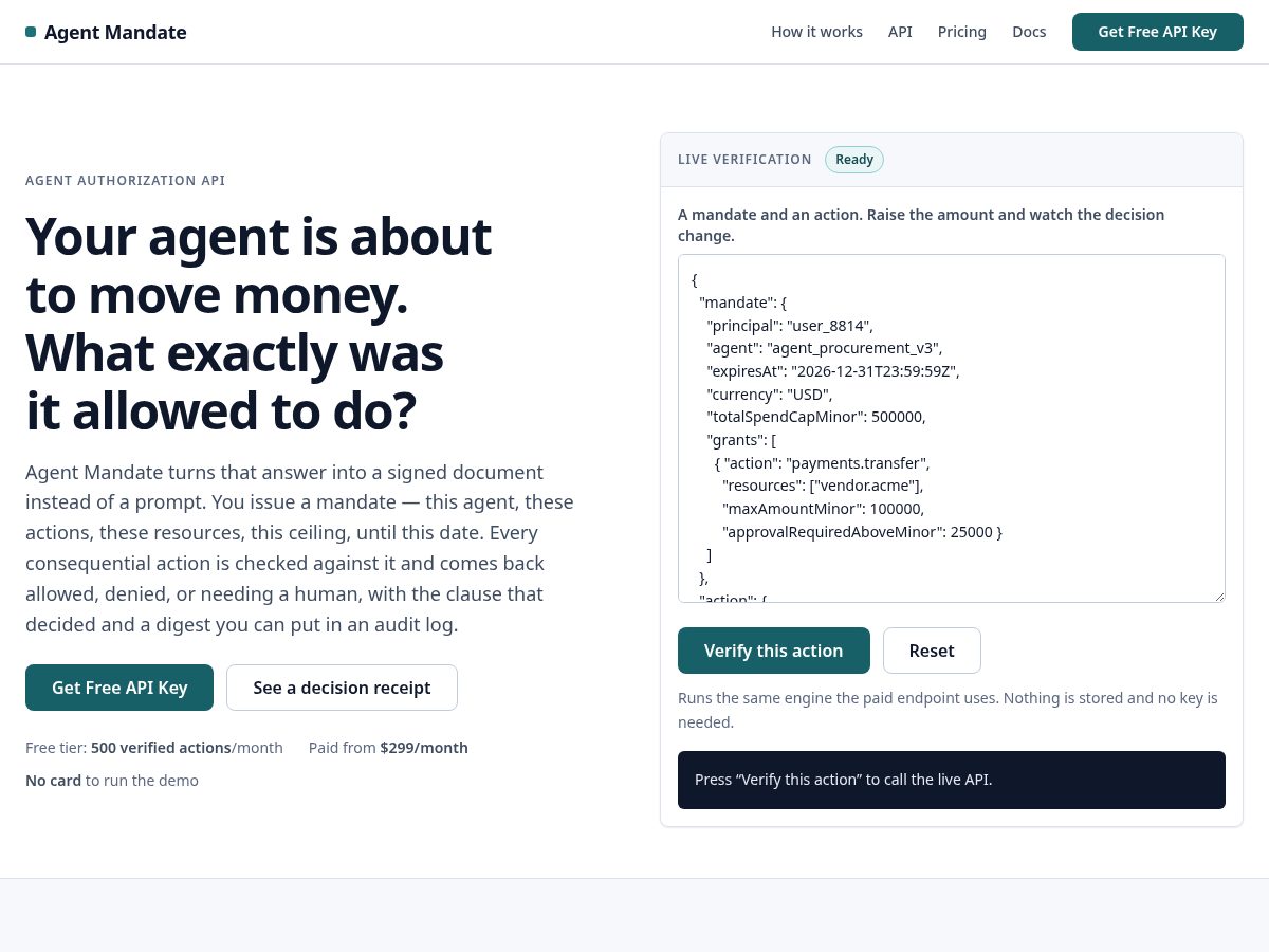 Landing-page snapshot of agentmandate-api.com
