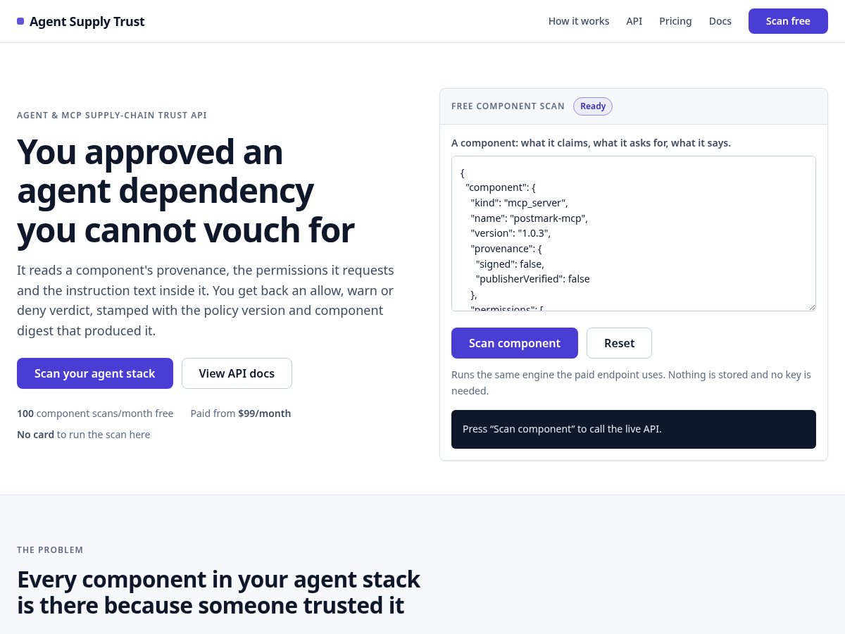 Landing-page snapshot of agentsupplytrust-api.com