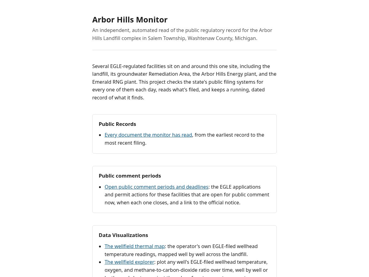 Landing-page snapshot of arborhillsmonitor.org
