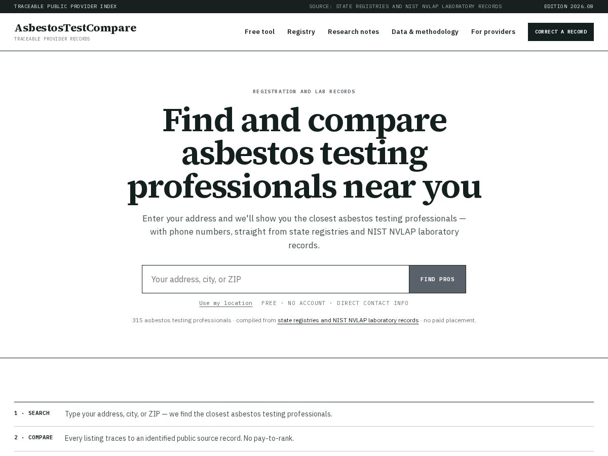 Landing-page snapshot of asbestostestcompare.com