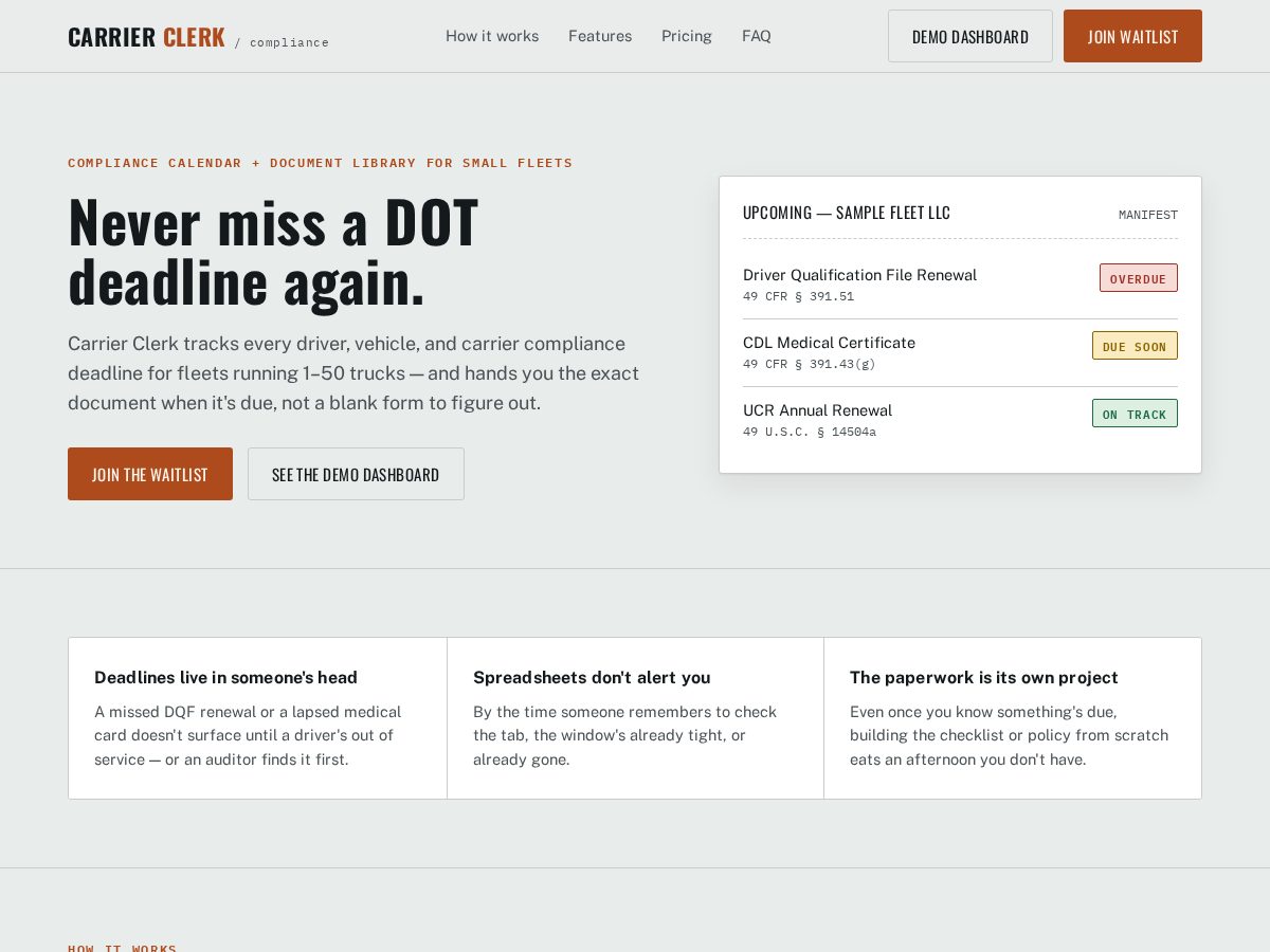 Landing-page snapshot of carrier-clerk.com