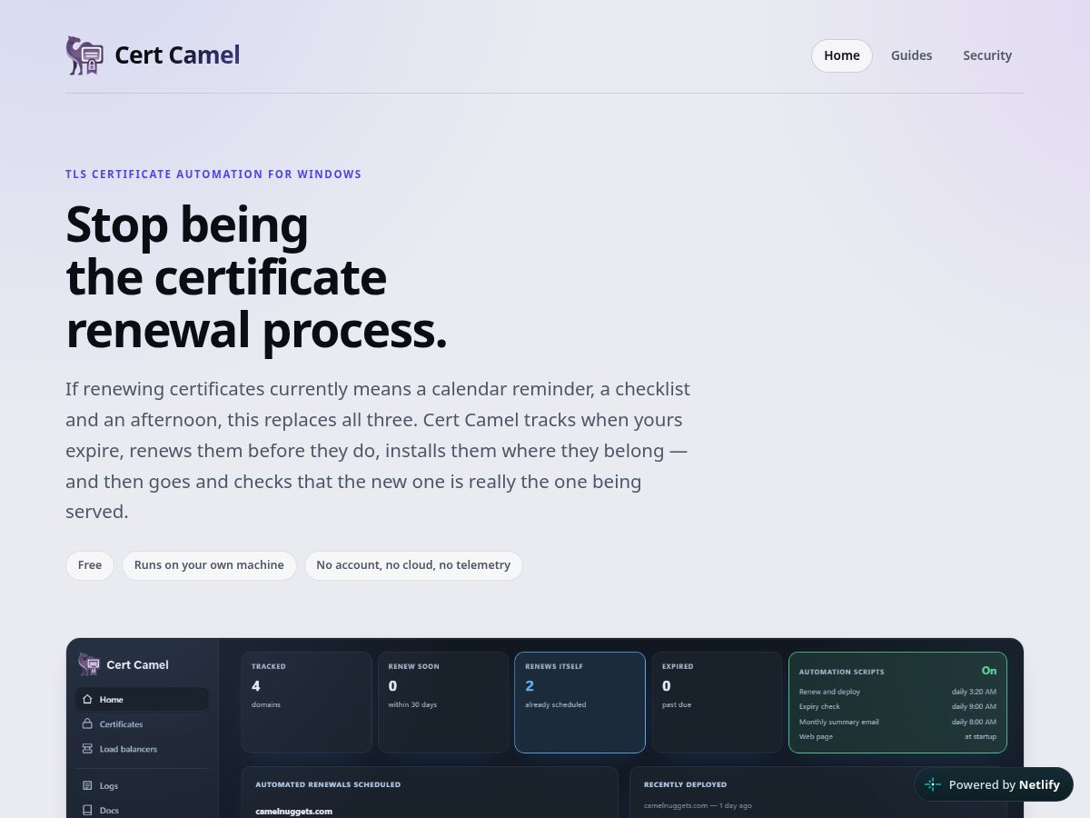 Landing-page snapshot of certcamel.com