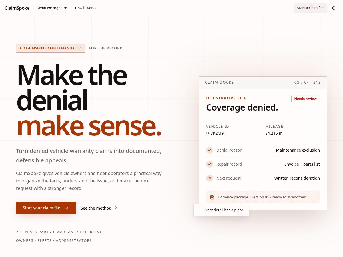 Landing-page snapshot of claimspoke.com