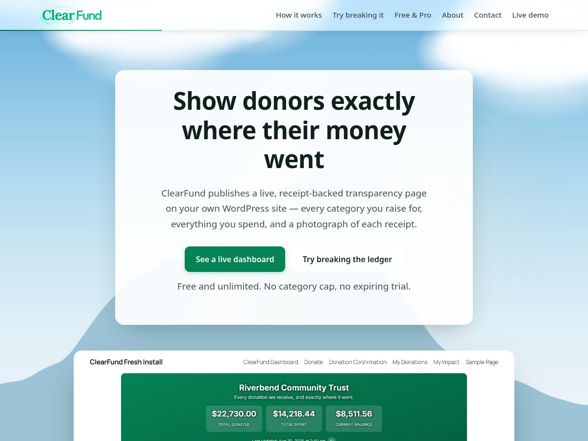 Landing-page snapshot of clearfund.ing