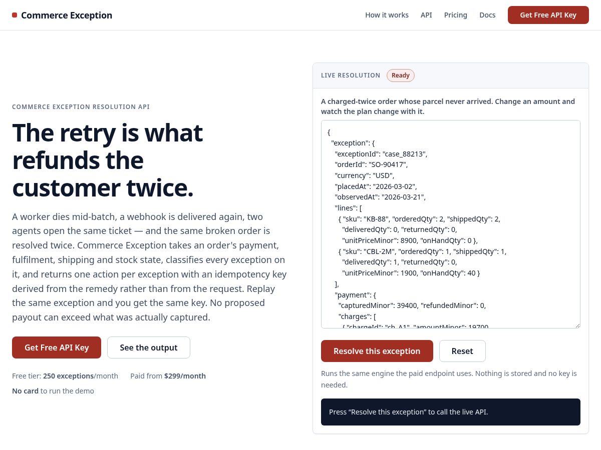 Landing-page snapshot of commerceexception-api.com