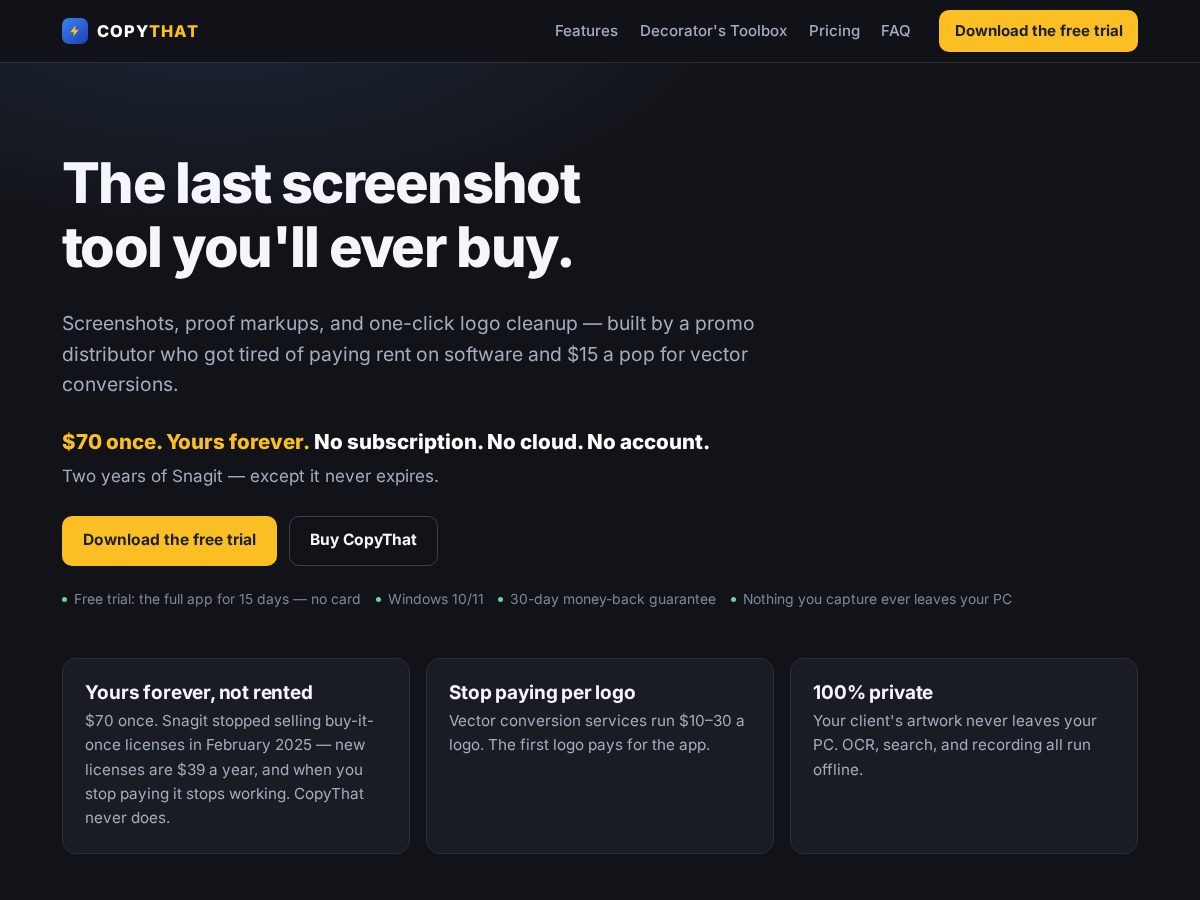Landing-page snapshot of copythatnow.com