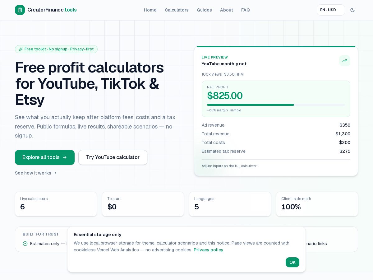 Landing-page snapshot of creatorfinance.tools