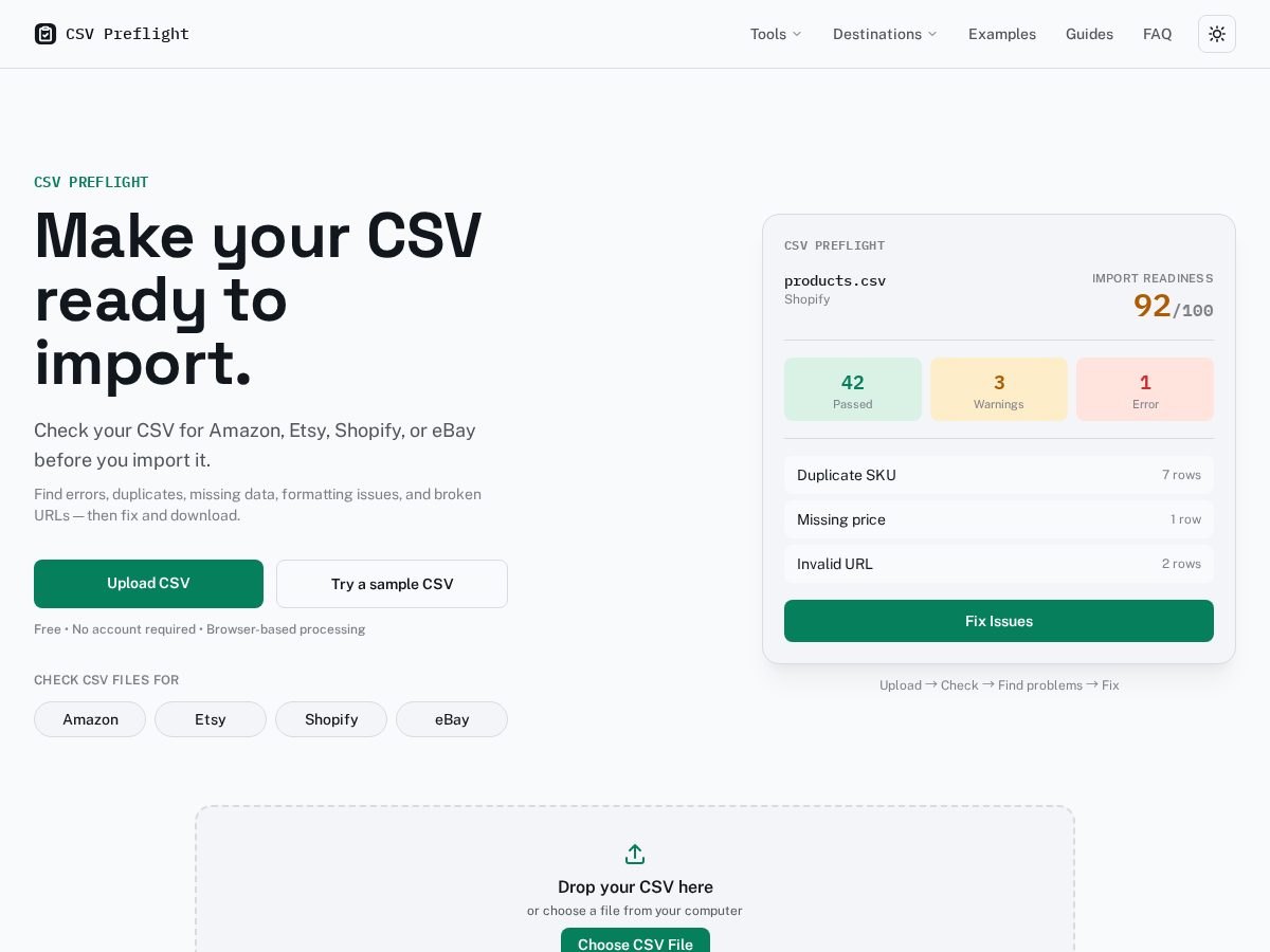 Landing-page snapshot of csvimportchecker.com