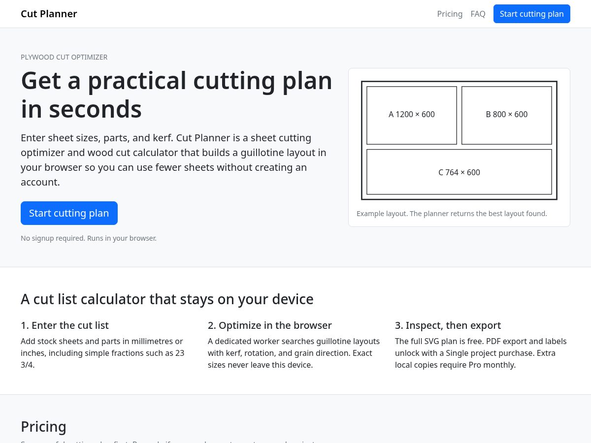 Landing-page snapshot of cutplanner.app