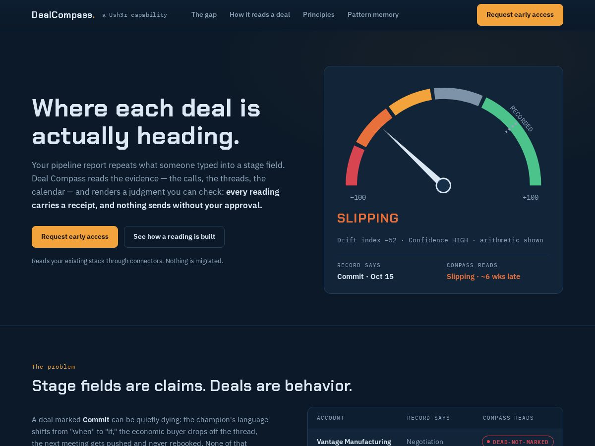 Landing-page snapshot of dealcompassai.com