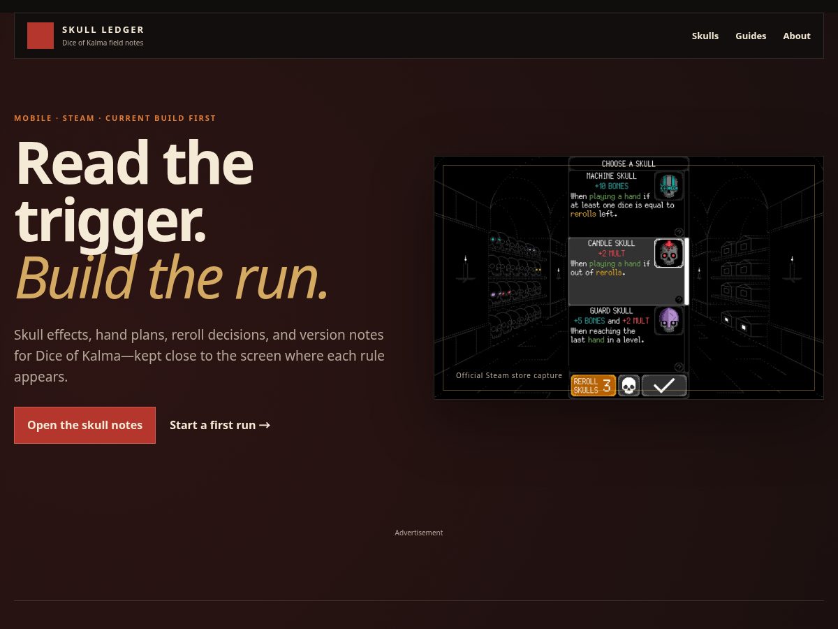 Landing-page snapshot of diceofkalmaskulls.com