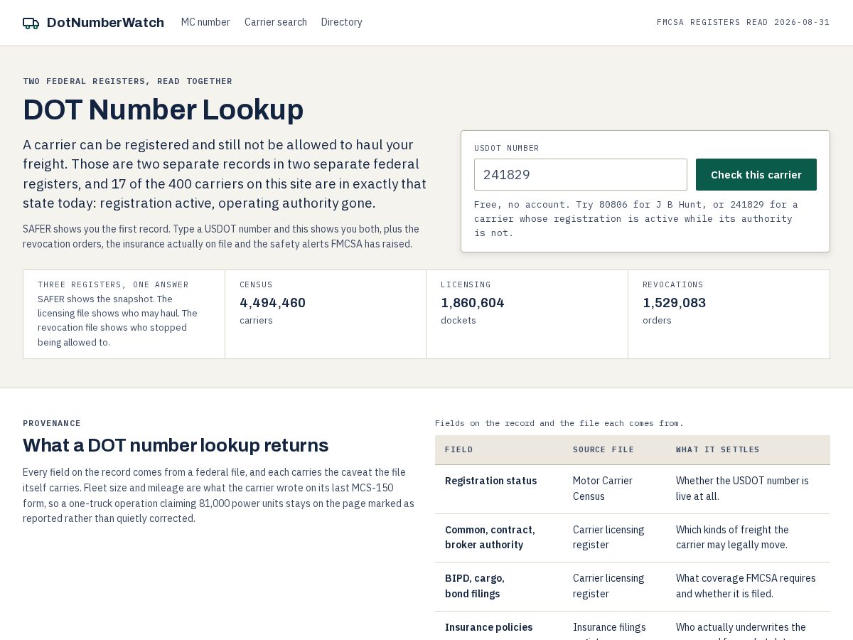 Landing-page snapshot of dotnumberwatch.com