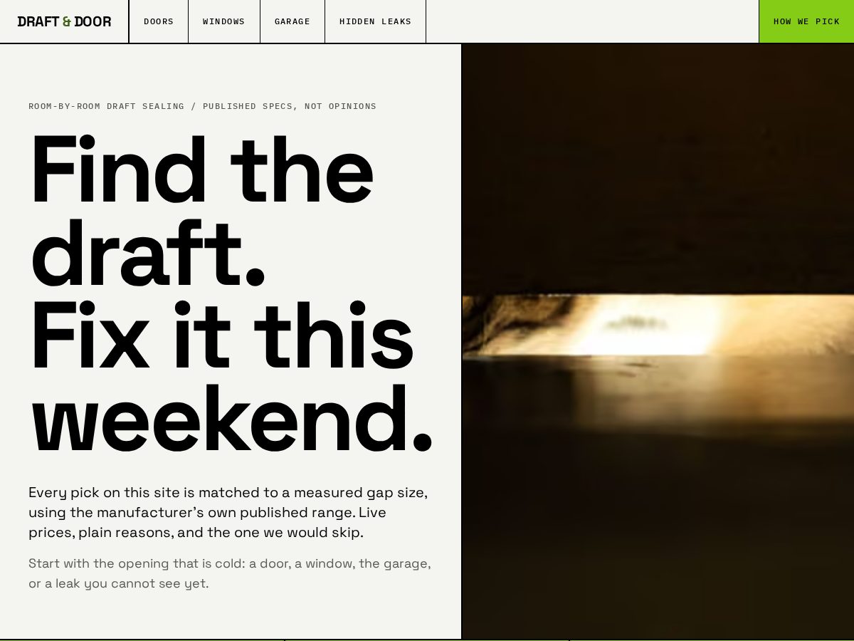 Landing-page snapshot of draftanddoor.com