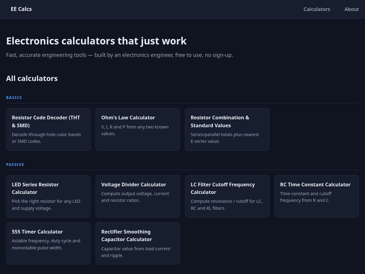 Landing-page snapshot of eecalcs.com