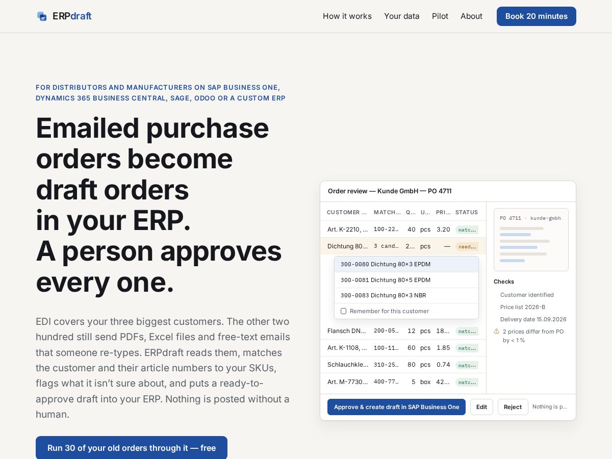 Landing-page snapshot of erpdraft.com
