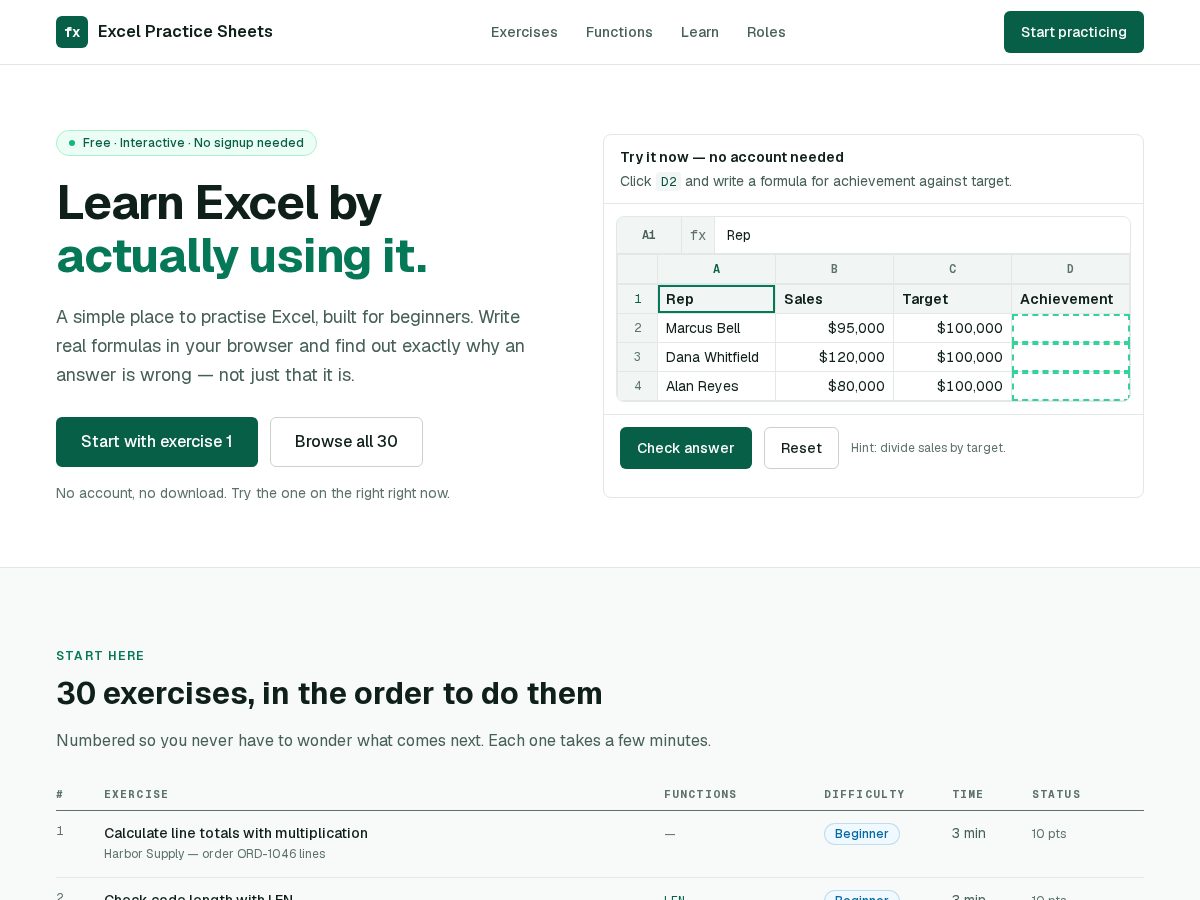 Landing-page snapshot of excelpracticesheets.com