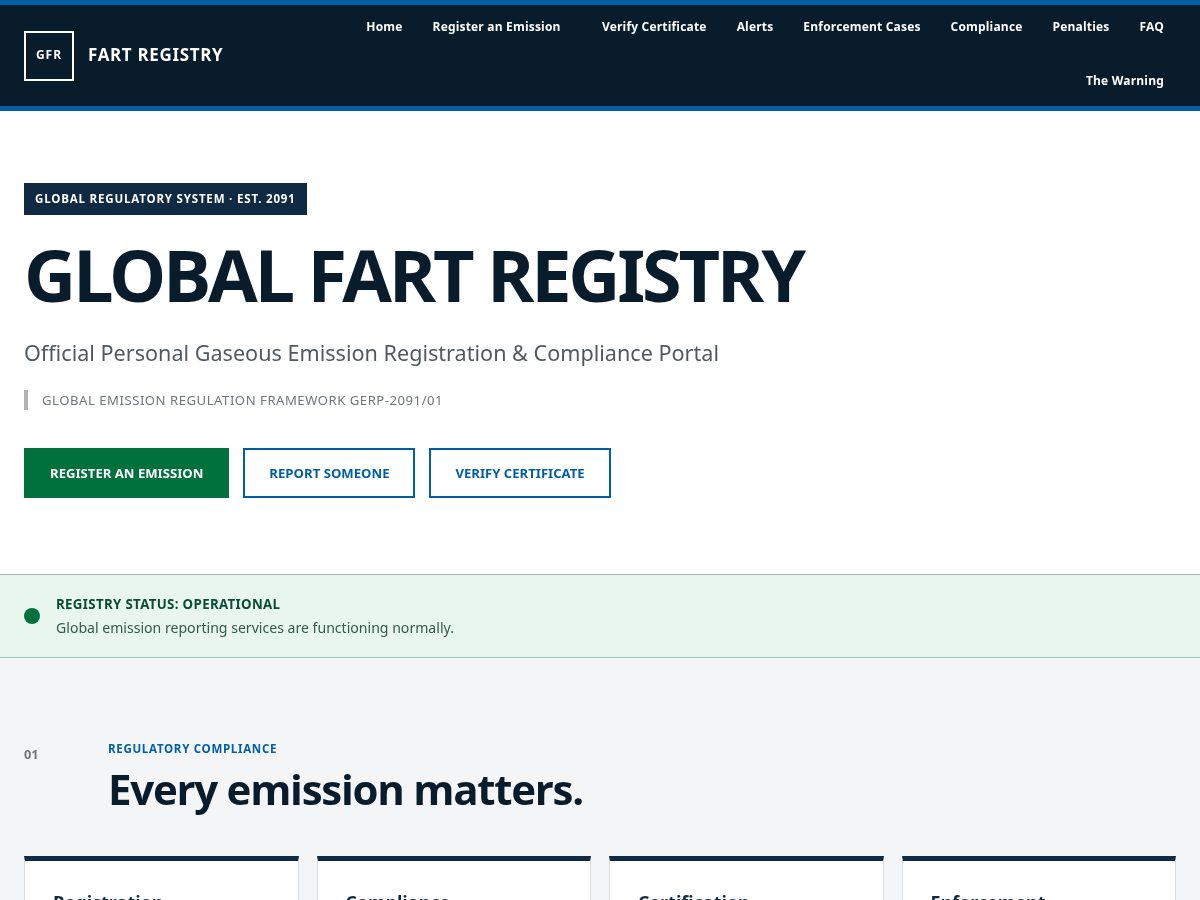 Landing-page snapshot of fartregistry.com