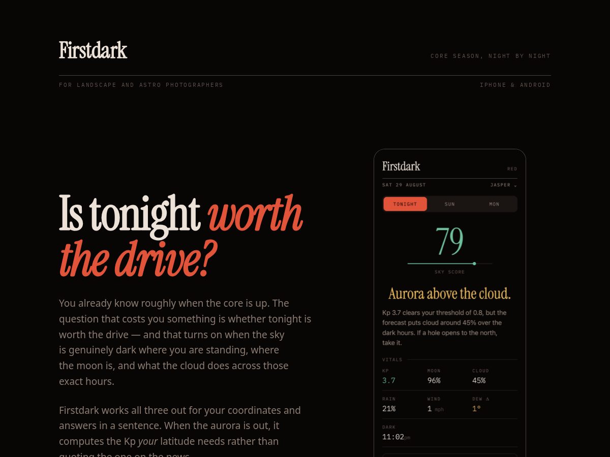 Landing-page snapshot of firstdark.app